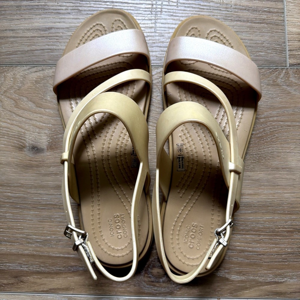 Crocs Tulum Shimmer Toe Post Sandals Womens Size 7 Pink Clay Tan Strappy Flat